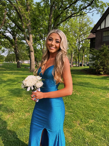 Blue Mermaid Spaghetti Straps Rhinestone Satin Long Prom Dress Evening Dress with Slit HZ1023